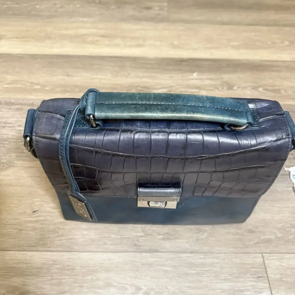 Badgley Mischka Green Croc Embossed Leather Flap Satchel purse Hobo